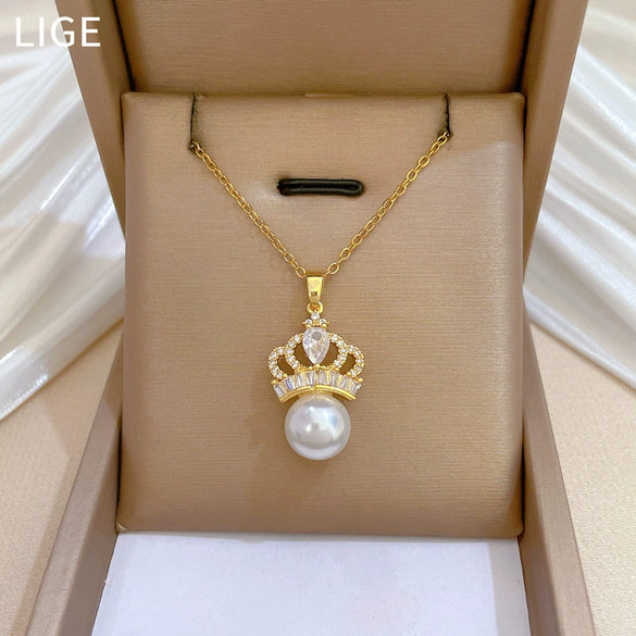 Titanium Steel Women's Geometric Light Luxury Full Diamond Pearl Crown Style Necklace Earrings Set With Electroplating