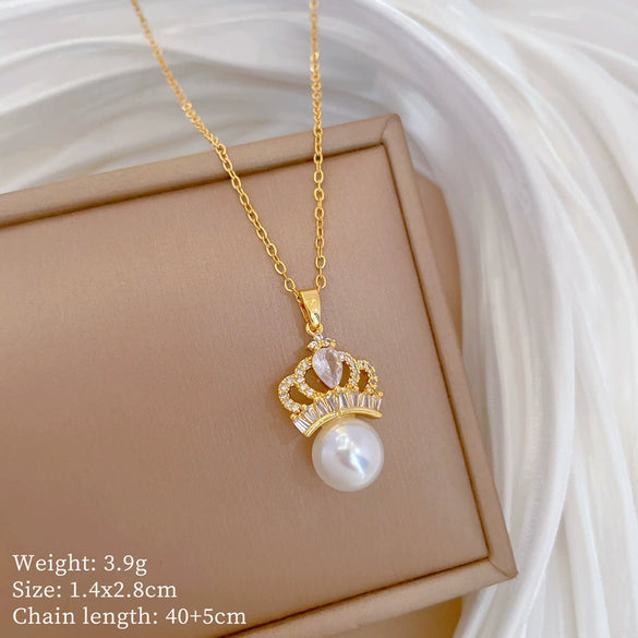 Titanium Steel Women's Geometric Light Luxury Full Diamond Pearl Crown Style Necklace Earrings Set With Electroplating