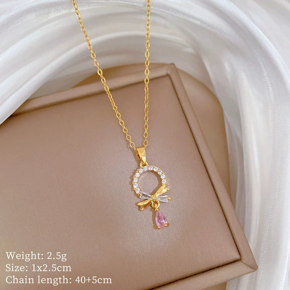Titanium Steel Women's Geometric Light Luxury Full Diamond Water Drops Earrings Necklace Set With Electroplating