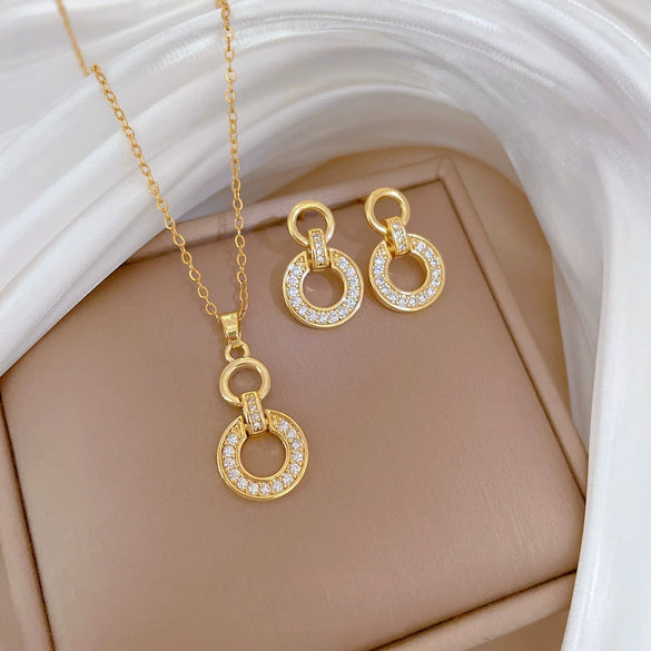 Titanium Steel Women's Geometric Light Luxury Jewelry Set With Electroplating Necklace Earrings Ring Chain