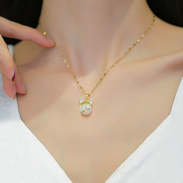 Titanium Steel Women's Geometric Mermaid Butterfly Microinlaid Real Gold Necklace With Diamond Design