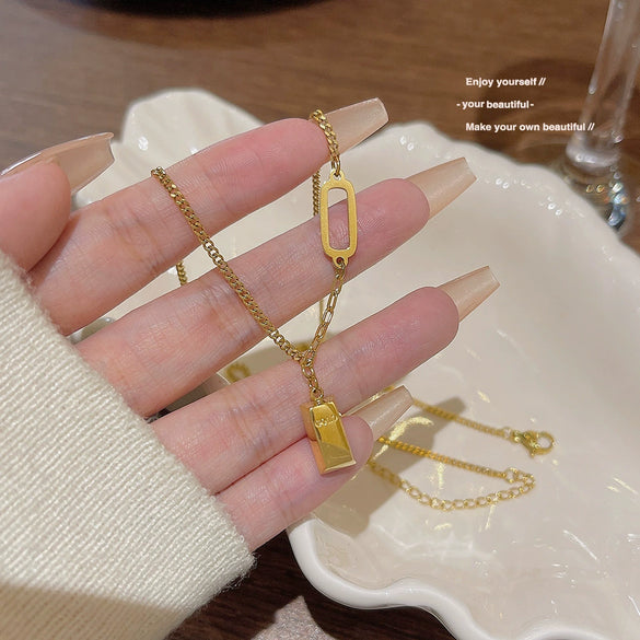 Titanium Steel Women's Geometric Mixed Gemstone Setting Electroplated Gold Brick Necklace Cross Chain