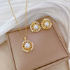 Titanium Steel Women's Geometric Rotating Pearl Full Diamond Elegant Light Luxury Necklace Earrings Set With Electroplating