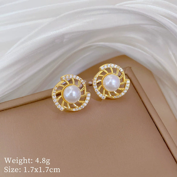 Titanium Steel Women's Geometric Rotating Pearl Full Diamond Elegant Light Luxury Necklace Earrings Set With Electroplating