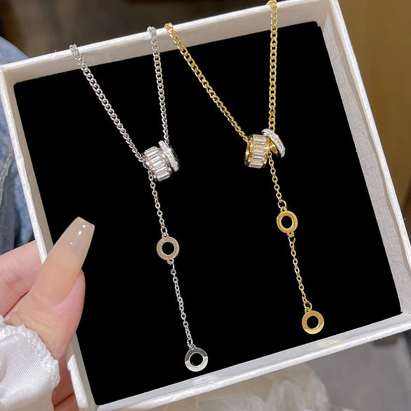 Titanium Steel Women's Geometric Style Tassel Necklace With Zirconia And Mixed Gemstone Setting