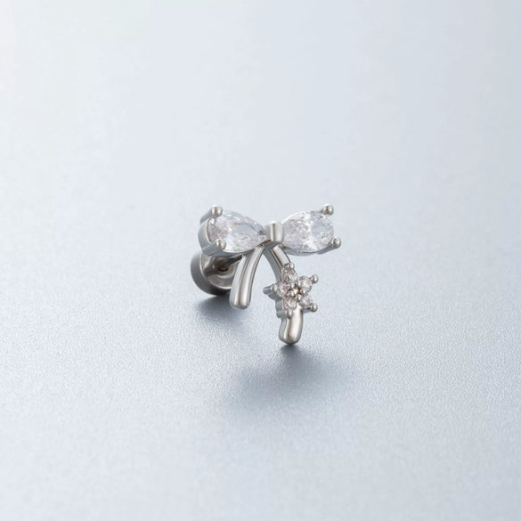 Titanium Steel Women's Inlaid Zircon Heart And Bow Pattern Princess Style Ear Nails