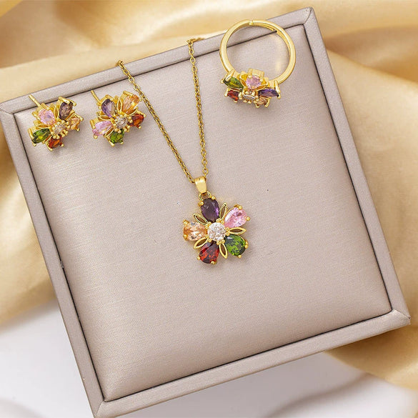 Titanium Steel Women's Jewelry Set With Gemstone Flower Pendant Ring And Earring Electroplated O Word Chain