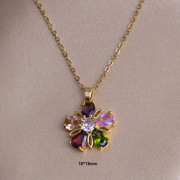 Titanium Steel Women's Jewelry Set With Gemstone Flower Pendant Ring And Earring Electroplated O Word Chain