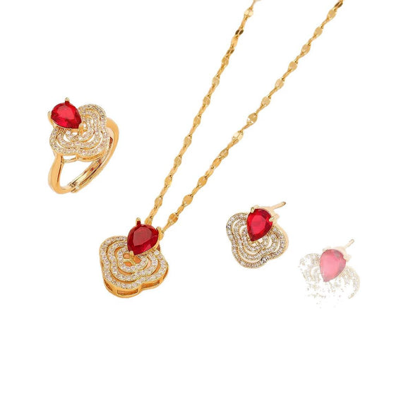 Titanium Steel Women's Jewelry Set With Ruby Flower Pendant Light Luxury Style And Electroplating Design