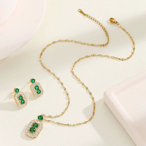 Titanium Steel Women's Jewelry With Geometric Pattern O Word Chain Emerald Gemstone Pendant And Earrings Electroplating Process
