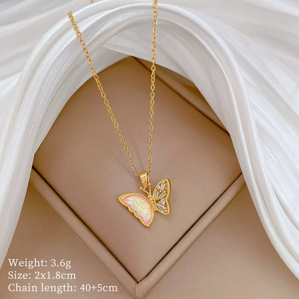 Titanium Steel Women's Light Luxury Full Diamond Pink Butterfly Geometric Electroplated Necklace Earrings Set