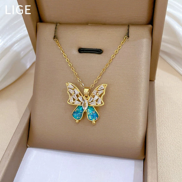 Titanium Steel Women's Light Luxury Geometric Blue Bow Earrings Necklace Set With Electroplating