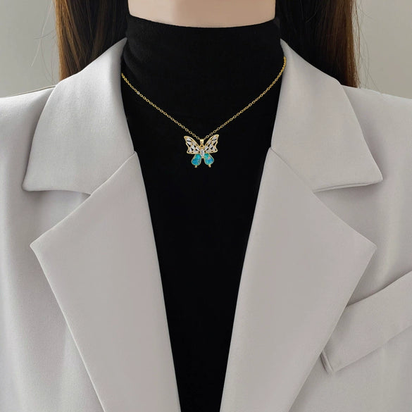 Titanium Steel Women's Light Luxury Geometric Blue Bow Earrings Necklace Set With Electroplating