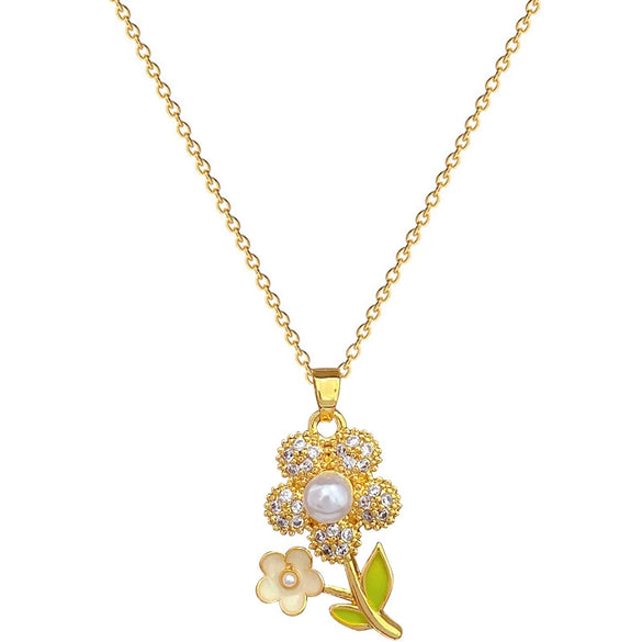Titanium Steel Women's Light Luxury Geometric Earrings Necklace Set With Electroplating And Diamond Dropping Oil Flower Design