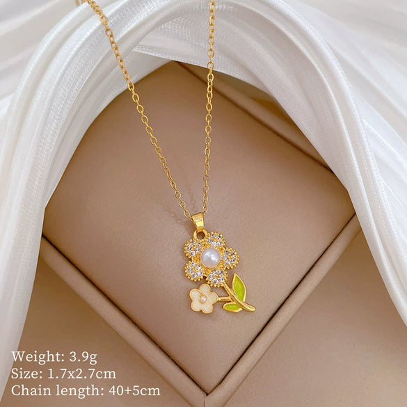 Titanium Steel Women's Light Luxury Geometric Earrings Necklace Set With Electroplating And Diamond Dropping Oil Flower Design