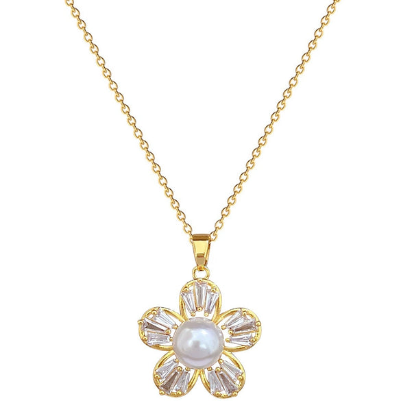 Titanium Steel Women's Light Luxury Geometric Five Leaf Flower Pearl Necklace And Earrings Set With Electroplating