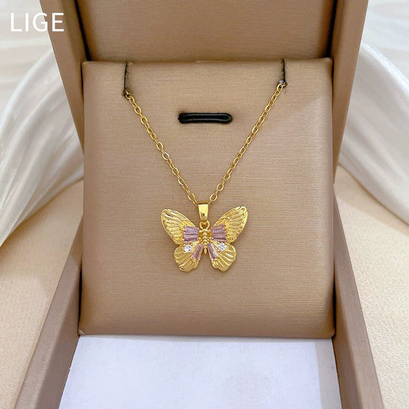 Titanium Steel Women's Light Luxury Geometric Laser Bow Full Diamond Electroplated Necklace Earrings Set