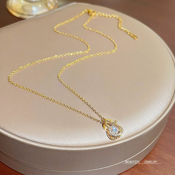 Titanium Steel Women's Light Luxury Geometric Lucky Gourd Beating Heart Pendant Necklace Set With Precious Stones