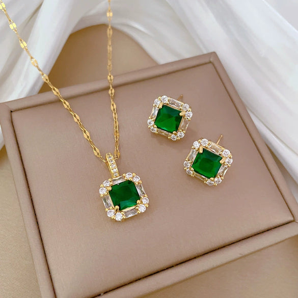 Titanium Steel Women's Light Luxury Geometric Square Full Diamond Necklace Earrings Set With Electroplating