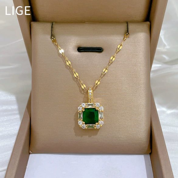 Titanium Steel Women's Light Luxury Geometric Square Full Diamond Necklace Earrings Set With Electroplating