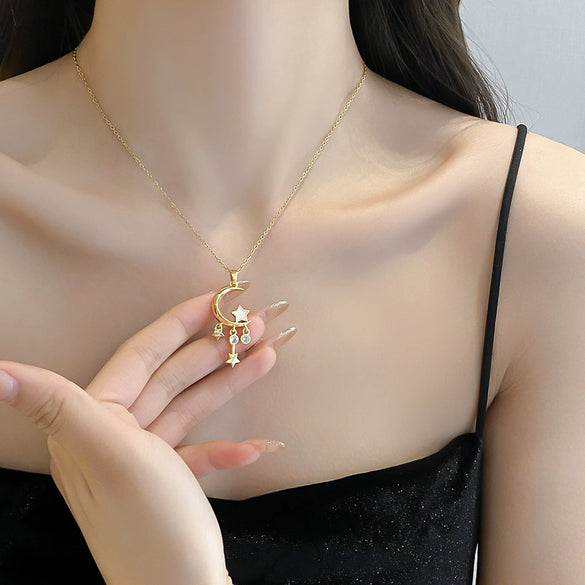 Titanium Steel Women's Light Luxury Geometric Tassel Star Moon Pendant Necklace With Diamond Treatment