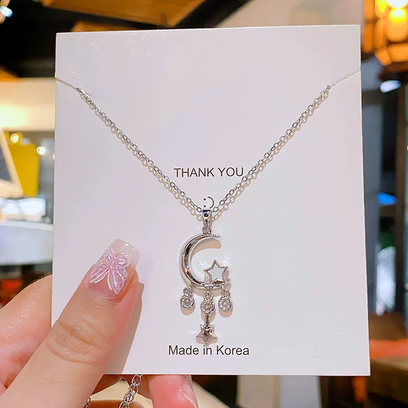 Titanium Steel Women's Light Luxury Geometric Tassel Star Moon Pendant Necklace With Diamond Treatment