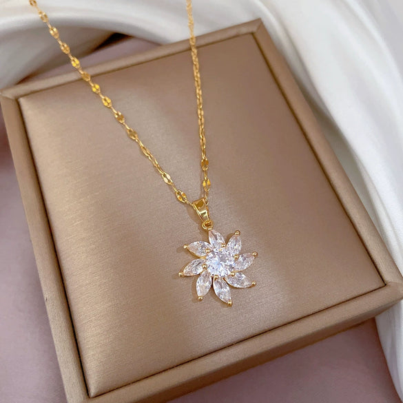 Titanium Steel Women's Light Luxury Microinlaid Geometric Diamond Necklace With Horse Eyes And Sunflower Design