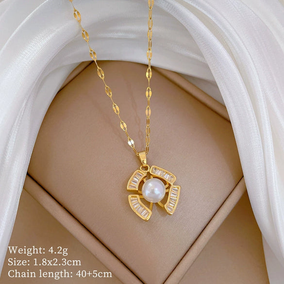 Titanium Steel Women's Light Luxury Necklace Earrings Set With Irregular Pearl And Geometric Pattern Electroplated