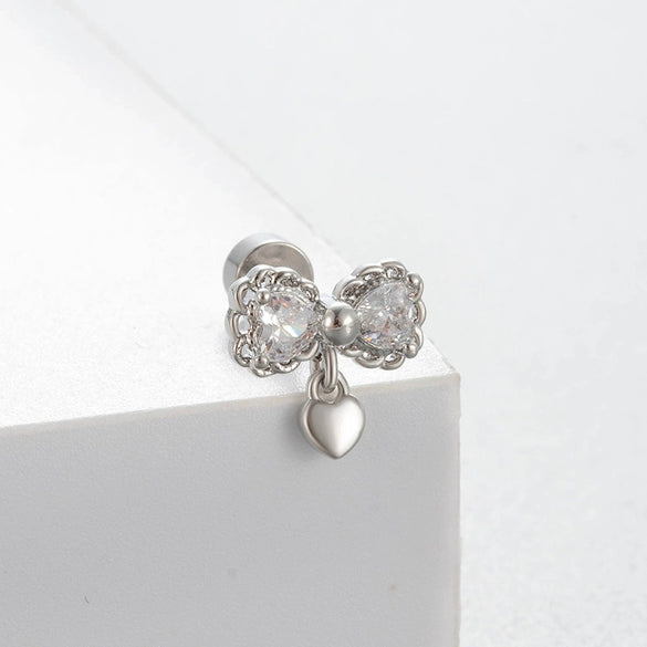 Titanium Steel Women's Lovely Style Zircon Inlaid Double Screw Bow Earring