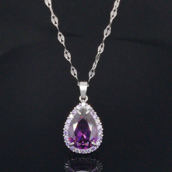 Titanium Steel Women's Microinlaid Purple Zircon Water Drop Pendant Necklace Electroplating Minimalist Style