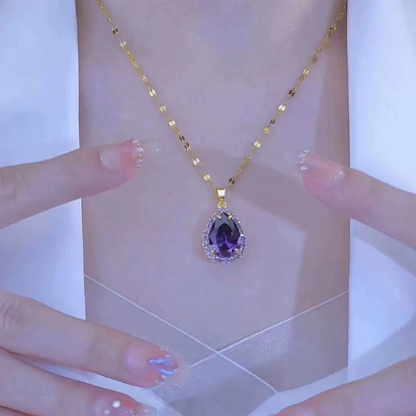 Titanium Steel Women's Microinlaid Purple Zircon Water Drop Pendant Necklace Electroplating Minimalist Style