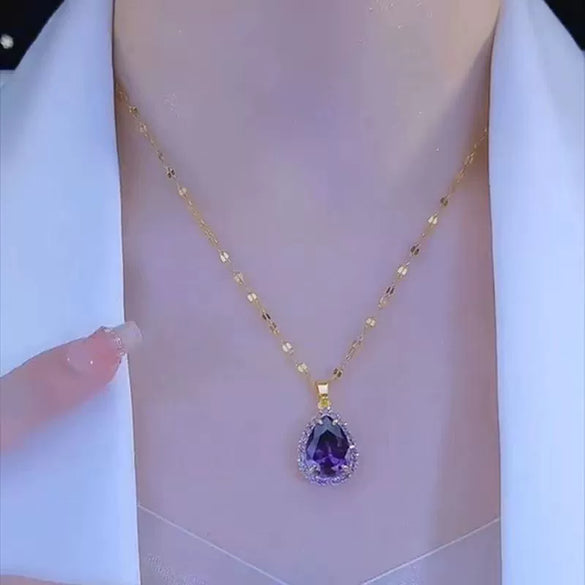 Titanium Steel Women's Microinlaid Purple Zircon Water Drop Pendant Necklace Electroplating Minimalist Style