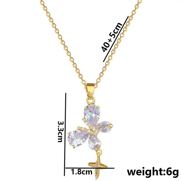 Titanium Steel Women's Necklace With Mixed Gemstone Inlay Diamond Geometric Pattern Butterfly And Four Leaf Clover Design