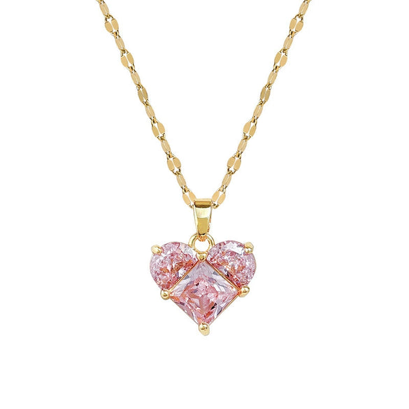 Titanium Steel Women's Necklace With Peach Heart Pendant Inlaid With Zirconium And Real Gold Geometric Design