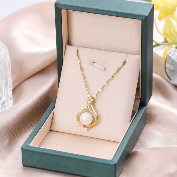Titanium Steel Women's Pendant Necklace With Mixed Gemstone Inlay Geometric Pattern And Electroplating Treatment Water Drop Shape