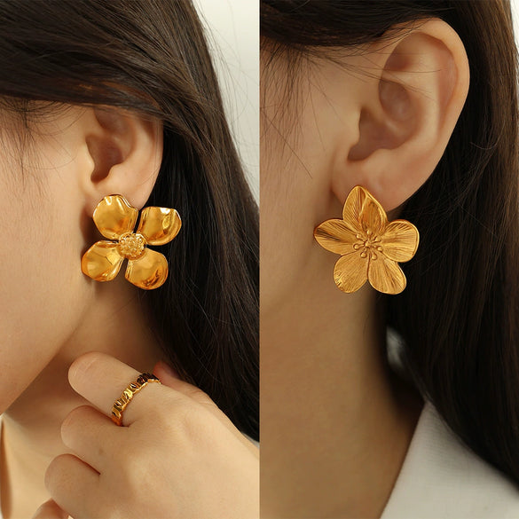 316L Stainless Steel Women's Retro Geometric Flower Earrings With Electroplating Design