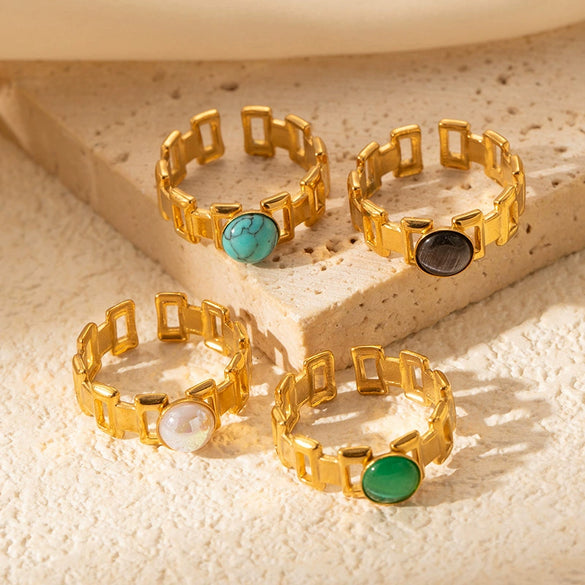 Titanium Steel Women's Ring Inlaid With Natural Stone Geometric Minimalist Style Electroplated