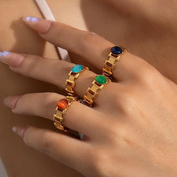 Titanium Steel Women's Ring Inlaid With Natural Stone Geometric Minimalist Style Electroplated