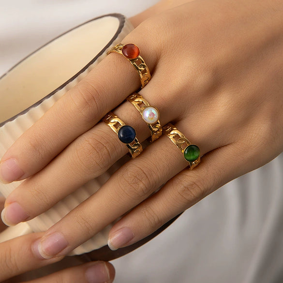 Titanium Steel Women's Ring Inlaid With Natural Stone Geometric Style Electroplated