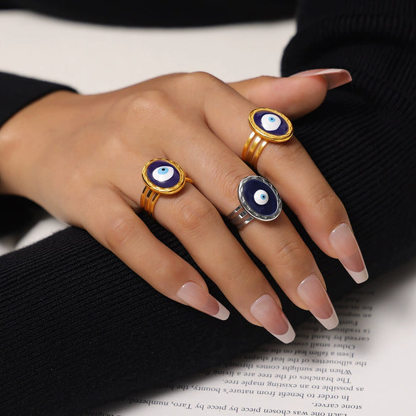 Titanium Steel Women's Ring With Geometric Devil's Eye Design And Electroplating Treatment