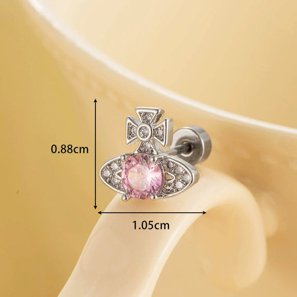 Titanium Steel Women's Sea Blue Saturn Shaped Ear Nail With Zirconia Design