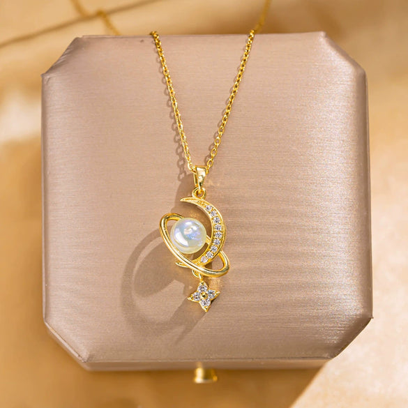 Titanium Steel Women's Star Pattern Mixed Gem Inlay Pendant Necklace With Cross Chain