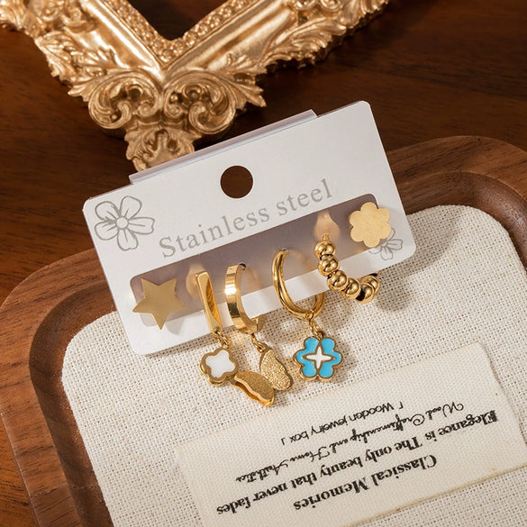 Titanium Steel Women's Threedimensional Butterfly Flower And Star Shape Electroplating Earrings Set