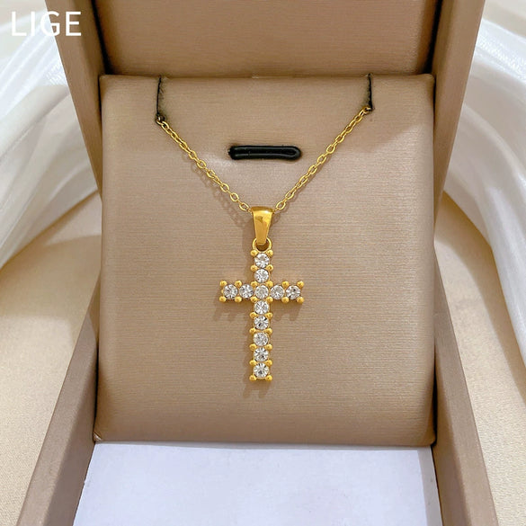 Titanium Steel Zircon Geometric Cross Furnace Real Gold Plated Unisex Necklace