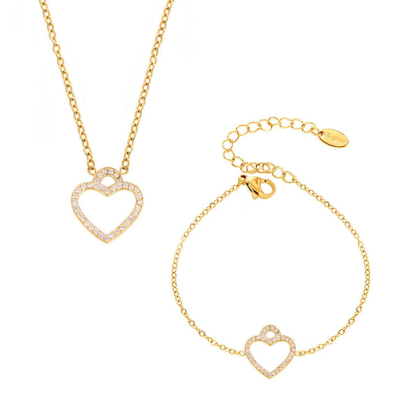 316L Stainless Steel Zircon Heart Shaped Electroplated Women's Clavicle Necklace And Bracelet Set