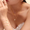 316L Stainless Steel Zircon Inlaid Five Leaf Flower Double Layer Clavicle Necklace And Bracelet Set With Pvd Vacuum Plating For Women Sweet Style