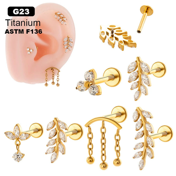 Titanium Zircon Leaf Crown Internal Thread Lip Nail Earrings For Women Puncture Jewelry
