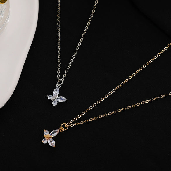 Transparent Crystal Butterfly Inlaid Copper Necklace For Women Light Luxury Niche Design All Match Clavicle Chain Pendant