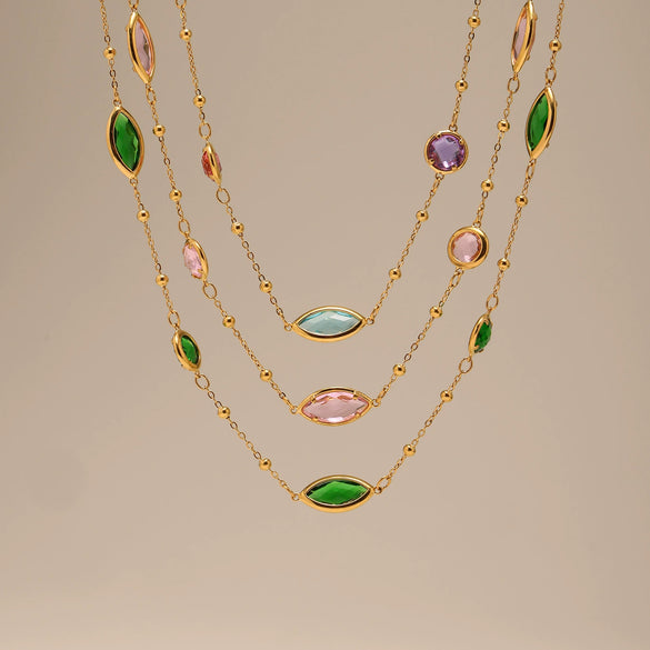 Transparent Imported Glass And Small Steel Bead Elegant Light Luxury Geometric Stainless Steel Women's Necklace With Electroplating