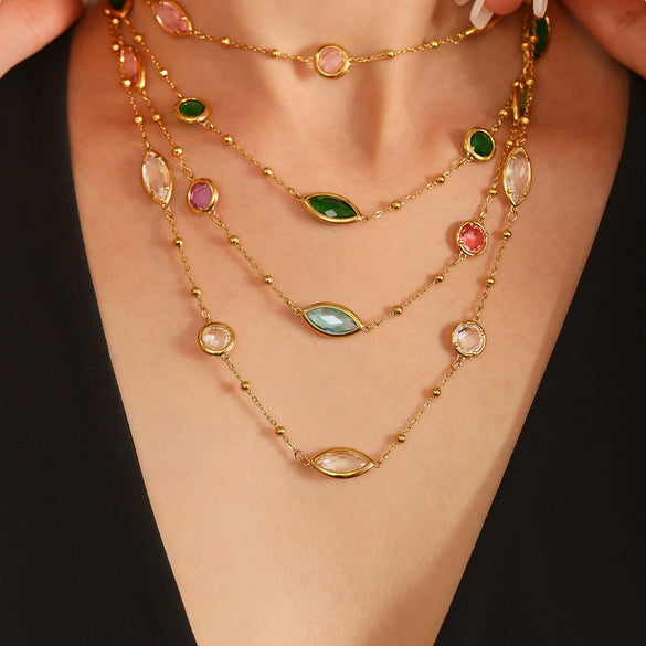 Transparent Imported Glass And Small Steel Bead Elegant Light Luxury Geometric Stainless Steel Women's Necklace With Electroplating